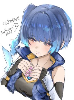 1girl bare_shoulders blue_hair blush breasts brown_eyes dark-skinned_female dark_skin elbow_gloves embarrassed fingerless_gloves gloves glowing glowing_hair lips sena_(xenoblade) side_ponytail sleeveless sofusan1526 upper_body white_background xenoblade_chronicles_(series) xenoblade_chronicles_3