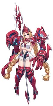 Rule 34 | 1girl, absurdres, armor, armored boots, blonde hair, blue eyes, boots, braid, braided ponytail, breasts, cleavage, closed mouth, clothing cutout, criss-cross halter, full body, game cg, halterneck, helmet, high heel boots, high heels, highres, holding, holding polearm, holding weapon, langrisser, langrisser mobile, langrisser re:incarnation, light frown, lingerie, long hair, looking at viewer, low-tied long hair, low twin braids, mechanical arms, medium breasts, michelle (langrisser), navel, navel cutout, negligee, nervous, official art, parted bangs, pauldrons, pigeon-toed, polearm, red armor, second-party source, shoulder armor, shy, sidelocks, simple background, solo, spear, standing, tachi-e, thigh boots, thighs, transparent background, twin braids, underwear, variant set, very long hair, visor (armor), weapon, white negligee, worried