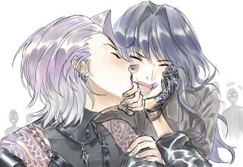 2girls 4others black_gloves black_hair black_shirt chief_(path_to_nowhere) closed_eyes commentary_request covered_collarbone ear_piercing female_chief_(path_to_nowhere) gloves grey_hair hand_on_another&#039;s_arm highres holding_own_arm jewelry kiss kissing_cheek korean_commentary lipstick_mark lipstick_mark_on_face long_hair multiple_girls multiple_others necklace path_to_nowhere piercing shirt short_hair shoulder_tattoo simple_background tattoo upper_body white_background yeonseongye yuri zoya_(path_to_nowhere)