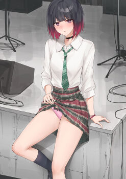 1girl arm_support black_choker black_hair black_socks blush choker clothes_lift commentary_request diagonal-striped_clothes diagonal-striped_necktie foot_out_of_frame gradient_hair green_necktie green_skirt guest_art iya_na_kao_sare_nagara_opantsu_misete_moraitai kanju lifting_own_clothes looking_at_viewer multicolored_hair necktie panties parted_lips pink_panties plaid_clothes plaid_skirt purple_eyes red_hair school_uniform second-party_source shirt shirt_tucked_in short_hair sitting skirt skirt_lift socks solo stage striped_clothes three-quarter_sleeves underwear white_shirt