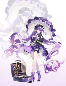 1girl absurdres apron back_bow black_bonnet black_collar black_dress black_shoes black_umbrella blonde_hair bonnet bottle bow bowtie closed_mouth collar dress frilled_apron frilled_dress frilled_sleeves frilled_socks frilled_umbrella frills full_body gun ham99luv hashtag-only_commentary high_heels highres holster knife lipstick long_hair makeup multicolored_hair open_suitcase original perfume_bottle purple_apron purple_hair purple_socks shoes socks solo suitcase thigh_holster two-sided_dress two-sided_fabric umbrella umbrella_gun very_long_hair weapon yellow_bow yellow_bowtie yellow_eyes zoom_layer