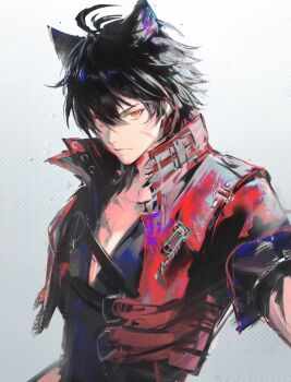 1boy animal_ear_fluff animal_ears arknights arknights:_endfield belt black_belt black_hair black_shirt chest_belt closed_mouth facial_scar hashtag-only_commentary highres jacket male_focus multiple_scars orange_eyes popped_collar red_jacket scar scar_on_arm scar_on_cheek scar_on_chest scar_on_face shirt short_hair sleeve_cuffs solo unfinished v-neck wangwanghan0723 white_background wolf_boy wolf_ears wulfgard_(arknights)