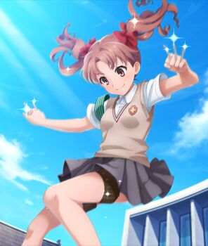 1girl armband black_straps blue_sky bow breasts brown_vest building clenched_hands closed_mouth cloud day diffraction_spikes emblem feet_out_of_frame game_cg glint green_armband grey_skirt hair_bow holding holding_needle holding_weapon looking_down medium_hair midair needle official_art outdoors pink_eyes pink_hair red_bow school_uniform shirai_kuroko shirt short_sleeves skirt sky small_breasts smile solo sparkle striped_armband striped_clothes summer_uniform sunlight thigh_strap third-party_source toaru_kagaku_no_railgun toaru_majutsu_no_index toji_no_miko toji_no_miko:_kizamishi_issen_no_tomoshibi tokiwadai_school_uniform twintails vest weapon white_shirt