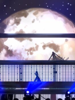 1girl ado_(utaite) ado_box chando_(ado) commentary_request holding holding_microphone long_hair microphone moon oyashirazu_(adochan_daisuki) silhouette sky solo stage star_(sky) starry_sky wide_shot