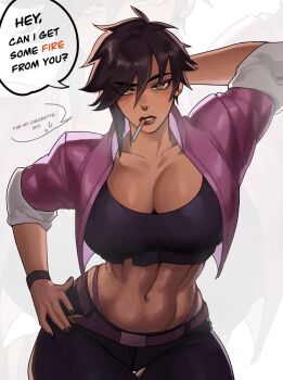 1girl arm_behind_head belt black_nails black_pants breasts bright_pupils brown_eyes brown_hair cigarette cleavage commentary cowboy_shot crop_top cropped_jacket dispatch english_commentary english_text eyeshadow face_piercing hand_on_own_hip highres invisigal large_breasts lloid_(lloidy) long_hair looking_at_viewer makeup mouth_hold nail_polish navel nose_piercing pants parted_lips piercing purple_belt purple_eyeshadow septum_piercing short_hair sleeves_rolled_up solo speech_bubble very_long_hair white_background white_pupils zoom_layer