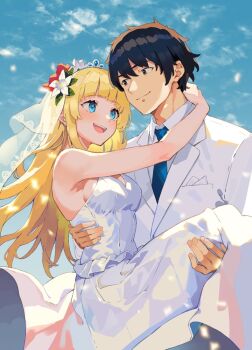 Rule 34 | 1boy, 1girl, bare arms, bare shoulders, black eyes, black hair, blonde hair, blue eyes, blue necktie, blue sky, breasts, bridal veil, carrying, commentary request, textless cover page, dress, formal clothes, hetero, long hair, looking at another, male focus, medium breasts, necktie, official art, princess carry, red (shin no nakama), rit (shin no nakama), second-party source, shin no nakama janai to yuusha no party wo oidasareta no de henkyou de slow life suru koto ni shimashita, short hair, sky, suit, veil, wedding dress, wedding suit, white dress, white suit, yasumo (kuusouorbital)