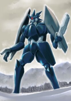 Rule 34 | armor, black armor, commentary request, forehead jewel, full body, gem, getter robo, getter robo go, gun, highres, holding, holding gun, holding weapon, k katora, mecha, mecha focus, mechanical wings, mountainous horizon, outdoors, overcast, red gem, robot, sky, solo, stelber, weapon, wings