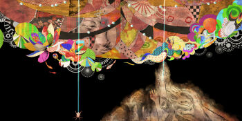 Rule 34 | abstract, arm up, black background, bug, commentary request, egasumi, fish, goshoguruma, highres, kikkoumon, kumo no ito (story), nao furusawa, reaching, silk, spider, spider thread, spider web