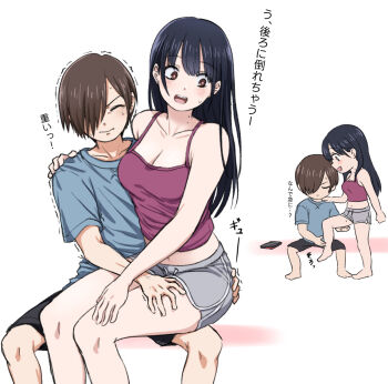 1boy 1girl bare_arms bare_shoulders black_hair black_shorts blue_shirt boku_no_kokoro_no_yabai_yatsu breasts brown_eyes cellphone chibi cleavage closed_eyes collarbone couple cropped_shirt grabbing_another&#039;s_ass grey_shorts groping hair_over_one_eye hand_on_another&#039;s_thigh heavy hetero highres ichikawa_kyoutarou long_hair medium_breasts mole mole_on_neck multiple_moles multiple_views narumi_(62rimi) navel open_mouth phone purple_shirt shirt short_hair short_shorts shorts simple_background sitting sitting_on_lap sitting_on_person smartphone spaghetti_strap standing struggling t-shirt translated white_background yamada_anna