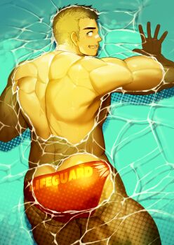 Rule 34 | 1boy, ass, bara, bare back, blonde hair, blush, highres, lifeguard, looking at viewer, looking back, lying, male focus, male swimwear, muscular, muscular legs, muscular male, on stomach, original, partially submerged, pectorals, pool, red male swimwear, short hair, sideburns, sidepec, smile, solo, swim briefs, swimming, thighs, waku (ayamix)