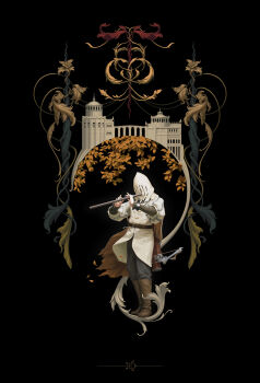 Rule 34 | ambiguous gender, boots, border, building, elden ring, elden ring (object), flute, full body, highres, hood over eyes, instrument, leaf, music, ornate border, page (elden ring), playing flute, playing instrument, repeating crossbow, solo, standing, stanton feng, tunic, white tunic