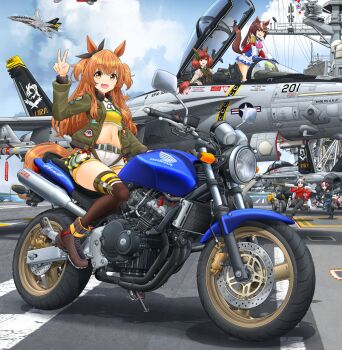 5girls absurdres aircraft aircraft_carrier airplane animal_ears ascot asymmetrical_gloves belt black_boots black_dress black_pants black_thighhighs blue_eyes blue_sky blunt_bangs blush bomber_jacket boots bow bowtie braid breasts brown_boots brown_eyes brown_hair brown_hat brown_ribbon buttons camouflage camouflage_jacket cape cloud cockpit crop_top cropped diagonal-striped_bow dog_tags double-breasted dress ear_bow ear_covers ear_ornament ear_ribbon epaulettes fighter_jet flag gloves gold_ship_(umamusume) green_belt green_bow green_bowtie green_jacket grey_hair gun hair_between_eyes half_up_braid hat high_ponytail highres holding holding_gun holding_weapon honda horse_ears horse_girl horse_tail jacket japanese_flag juliet_sleeves long_hair long_sleeves looking_at_viewer mayano_top_gun_(scramble_zone)_(umamusume) mayano_top_gun_(umamusume) medium_hair midriff mikeran_(mikelan) military_uniform military_vehicle mismatched_gloves missile motor_vehicle motorcycle multicolored_hair multicolored_jacket multiple_girls navel nice_nature_(poinsettia_ribbon)_(umamusume) nice_nature_(umamusume) on_motorcycle open_clothes open_cockpit open_jacket open_mouth orange_eyes orange_hair orange_tail pants pillbox_hat pinafore_dress pink_ascot ponytail puffy_sleeves purple_eyes red_cape red_jacket ribbon ship shirt short_hair shorts single_epaulette skirt sky sleeveless sleeveless_dress smile special_week_(umamusume) streaked_hair striped_bow striped_bowtie striped_clothes tail thighhighs thighs tokai_teio_(peak_joy)_(umamusume) tokai_teio_(umamusume) twintails two-tone_hair two-tone_jacket two-tone_skirt two_side_up umamusume ura_(umamusume) v warship water watercraft weapon white_gloves white_hair white_jacket white_shorts white_skirt yellow_shirt