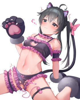 1girl ahoge animal_ears animal_hands black_bra black_hair black_panties blush bow bow_panties bra breasts cat_ears cat_girl cat_lingerie cat_tail choker commentary_request egg_vibrator frilled_bra frilled_choker frilled_panties frilled_thigh_strap frills gloves hair_between_eyes highres miizu8013 navel panties paw_gloves pink_frills ribbon saliva sex_toy small_breasts tail tail_ornament tail_ribbon thigh_strap torn_clothes torn_panties twintails underwear vibrator white_background yahari_ore_no_seishun_lovecome_wa_machigatteiru. yukinoshita_yukino