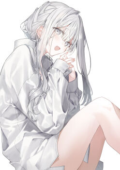 1girl artist_name fuyukawa_kagari grey_eyes grey_hair hakanai_kimi_wa_moukou_wo_hajimeru kazutake_hazano long_hair no_pants shirt sitting sleeves_past_wrists smile solo white_background white_shirt