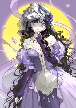 1girl absurdres bare_shoulders beamed_eighth_notes black_flower black_hair black_rose breasts bug butterfly circle cleavage closed_mouth dress eighth_note flower gown hair_flower hair_ornament half_note hand_on_own_chin hand_up hat highres insect isolde_(reverse:1999) jewel_under_eye juliet_sleeves large_breasts long_hair long_sleeves looking_at_viewer musical_note off-shoulder_dress off_shoulder puffy_sleeves purple_background purple_butterfly purple_dress purple_eyes purple_flower purple_rose qingmang_yelan reverse:1999 rose see-through_clothes see-through_veil smile solo upper_body veil wavy_hair white_hat