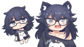 1girl animal_ears black_eyes black_hair collarbone fang glasses highres inukai_purin looking_at_viewer multiple_views muu_muyu_(artist) o-chan off-shoulder_shirt off_shoulder shirt solo virtual_youtuber white_background