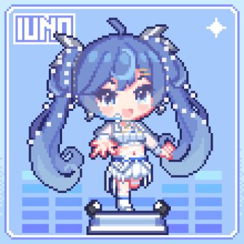 1girl ahoge animated animated_gif blue_background blue_eyes blue_hair breasts character_name chibi chibi_only chinese_commentary commentary_request gradient_hair highres idol iuno_(wuthering_waves) kyou_039 long_hair looking_at_viewer looping_animation medium_breasts midriff multicolored_hair open_mouth outstretched_arm shirt skirt smile solo standing standing_on_one_leg twintails white_shirt white_skirt wuthering_waves