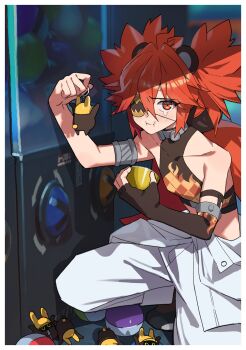 1girl :i animal_ears arm_up armlet asymmetrical_gloves bare_shoulders bear_ears blush border brown_gloves brown_shirt character_charm charm_(object) closed_mouth commentary crop_top crying dot_nose eyepatch fake_animal_ears fingerless_gloves flame_print gachop99 gashapon gloves hair_ornament hand_up highres holding holding_charm jewelry jumpsuit jumpsuit_around_waist koleda_belobog long_hair looking_at_viewer midriff pout red_eyes red_hair safety_(zenless_zone_zero) shirt solo sphere_hair_ornament spiked_hair squatting symbol-only_commentary teardrop twintails white_border white_jumpsuit zenless_zone_zero