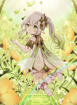 Rule 34 | 1girl, bare shoulders, bloomers, cape, closed mouth, commentary request, cross-shaped pupils, day, detached sleeves, dress, floating, flower, from behind, full body, genshin impact, gold trim, gradient hair, grass, green cape, green eyes, green hair, green sleeves, hair between eyes, hair ornament, hands up, highres, leaf hair ornament, light smile, long hair, minahoshi37, multicolored hair, nahida (genshin impact), outdoors, pointy ears, side ponytail, sleeveless, sleeveless dress, solo, stirrup legwear, symbol-shaped pupils, toeless legwear, toes, twitter username, underwear, white bloomers, white dress, white hair, yellow flower