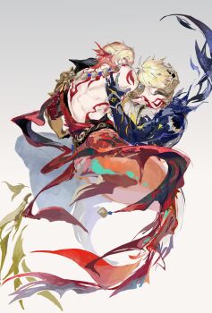 2boys 3332997164 absurdres antenna_hair arm_tattoo armlet armor back_tattoo black_coat black_shirt blonde_hair braid chinese_commentary clawed_gauntlets coat commentary_request cracked_skin earrings fins gold_earrings gold_necklace gradient_hair head_fins highres honkai:_star_rail honkai_(series) jewelry male_focus medium_hair merman monster_boy multicolored_hair multiple_boys mydei_(honkai:_star_rail) necklace open_clothes open_coat pauldrons phainon_(honkai:_star_rail) phainon_(khaslana)_(honkai:_star_rail) red_hair red_tattoo shirt shoulder_armor side_braid single_pauldron tattoo white_coat yaoi yellow_blood yellow_eyes