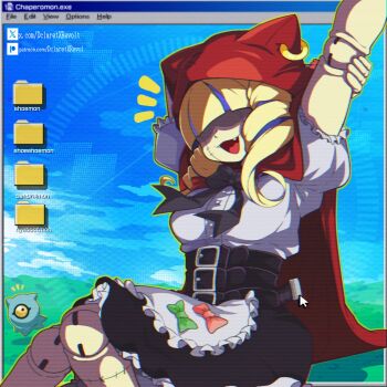 Rule 34 | 1girl, arm up, black skirt, blonde hair, breasts, capelet, chaperomon, commentary, dclaret, digimon, digimon (creature), english commentary, fang, hair over eyes, highres, hood, hood up, hooded capelet, knife, open mouth, puppet, red capelet, shirt, skirt, solo focus, stretching, tsumemon, white shirt