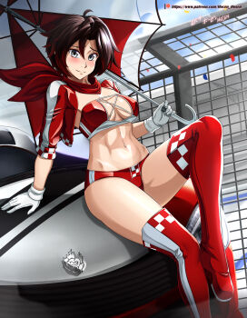 1girl abs absurdres bikini boots breasts brown_hair car cleavage gloves grey_eyes highres jacket looking_at_viewer medium_breasts motor_vehicle navel race_queen red_bikini red_boots red_hair ruby_rose rwby scarf short_hair sitting smile solo strapless strapless_bikini swimsuit thigh_boots thighhighs vilde_loh_hocen white_gloves