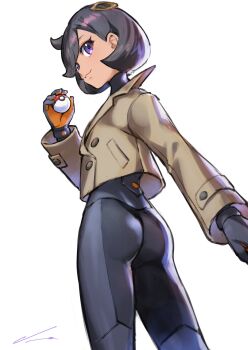 :3 absurdres ass black_hair bodysuit cowboy_shot dark-skinned_female dark_skin emma_(pokemon) from_behind highres holding holding_poke_ball jacket looking_at_viewer looking_back nemoto_yuuma nintendo poke_ball poke_ball_(basic) pokemon pokemon_legends:_z-a purple_eyes smile white_background