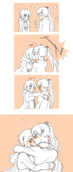 2girls animated animated_gif blush comic ear_blush highres hood hug kiss kissing_nose kuma_(bloodycolor) long_hair monochrome multiple_girls ruby_rose rwby short_hair side_ponytail weiss_schnee yuri