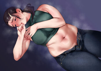 1girl belly black_eyes black_hair blue_pants blush breasts chika_mama_(yokubou_pandora) crop_top cropped_shirt denim dutch_angle embarrassed female_pubic_hair furrowed_brow green_shirt hair_ornament hairclip hand_on_own_chest hand_to_own_mouth hizuki_akira jeans jewelry large_breasts mature_female mole mole_on_cheek navel open_fly pants parted_bangs parted_lips plump ponytail pubic_hair pubic_hair_peek purple_background ring shirt sleeveless sleeveless_shirt solo steaming_body sweat thick_eyebrows wedding_ring yokubou_pandora