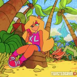 +_+ 1boy 1girl @_@ angry animal_ears animated assisted_exposure blonde_hair bouncing_breasts bra breasts brown_bra cellphone cleavage crash_bandicoot crash_bandicoot_(series) eyeshadow furry green_eyes head_bump hitting holding holding_phone huge_breasts long_hair looking_at_phone makeup video ok_sign outdoors phone shirt shorts sitting smartphone sound tagme tawna_bandicoot torn_clothes torn_shirt twistedgrim underwear video