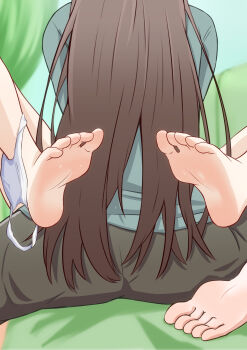 2girls absurdres barefoot between_legs blue_shirt brown_hair brown_pants commentary_request feet highres long_hair melonpan134 miyagi_shiori multiple_girls panties panties_around_one_ankle pants sendai_hazuki shirt shuuniichido_classmate_wo_kau_hanashi soles toes underwear white_panties yuri