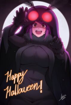 1girl :d absurdres airisubaka artist_name backlighting black_cape black_gloves breasts brown_eyes cape claw_pose commentary english_text full_moon fur-trimmed_gloves fur_collar fur_trim gloves halloween_costume happy_halloween highres huge_breasts leah_(airisubaka) light_blush moon open_mouth original purple_hair signature smile solo teeth upper_teeth_only