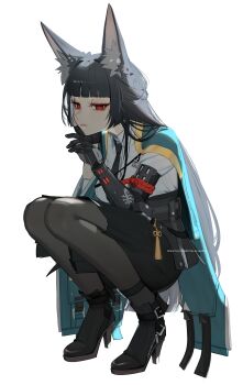 1girl absurdres animal_ear_fluff animal_ears black_necktie black_pantyhose breasts grey_hair high_heels highres hoshimi_miyabi jacket long_hair mechanical_arms necktie ohkurrva pantyhose red_eyes shirt single_mechanical_arm small_breasts solo squatting transparent_background very_long_hair white_shirt zenless_zone_zero