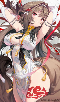 1girl armlet armpits arms_up breasts brown_hair brown_tail china_dress chinese_clothes commentary_request covered_navel dress droopy_ears fox_girl hairband highres hong_(white_spider) jewelry large_breasts leg_tattoo long_hair looking_at_viewer pelvic_curtain red_eyes silver_armlet solo tail tattoo thighs white_dress white_hairband ye_shunguang zenless_zone_zero