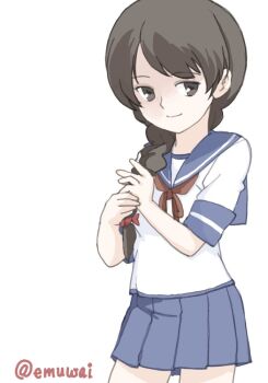 1girl black_hair blue_sailor_collar blue_skirt braid brown_neckerchief contrapposto emuwai hair_over_shoulder kantai_collection neckerchief one-hour_drawing_challenge pleated_skirt sailor_collar sailor_shirt school_uniform serafuku shirt short_sleeves simple_background single_braid skirt solo standing twitter_username uranami_(kancolle) white_background white_shirt