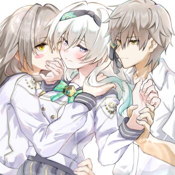 Rule 34 | 1boy, 2girls, absurdres, ajft52o4jw30403, black ribbon, blush, blush stickers, bow, bowtie, buttons, caelus (honkai: star rail), collared shirt, double-breasted, firefly (honkai: star rail), grabbing another's hand, gradient hair, green bow, green bowtie, grey hair, grey hairband, grey skirt, hair between eyes, hair intakes, hair ornament, hair ribbon, hairband, highres, honkai: star rail, honkai (series), long hair, multicolored hair, multiple girls, official alternate costume, plaid bow, plaid bowtie, plaid clothes, pleated skirt, ribbon, shirt, short hair, skirt, stelle (honkai: star rail), trailblazer (honkai: star rail), white shirt