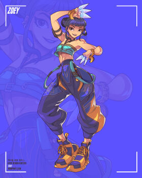 Rule 34 | 1girl, arm pouch, black hair, blue background, blunt bangs, character name, commentary, double bun, earrings, edwin huang, english commentary, hair bun, halterneck, highres, holding, holding weapon, jewelry, kpop demon hunters, looking at viewer, multiple views, pants, shoes, sidelocks, smile, sneakers, weapon, zoey (kpop demon hunters)