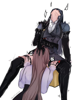 2girls black_boots black_coat black_gloves black_hair black_skirt boots brown_hair cherie_luna chief_(path_to_nowhere) coat collared_shirt commentary cunnilingus elbow_gloves female_chief_(path_to_nowhere) gloves heart highres jewelry long_hair long_sleeves multiple_girls multiple_rings necktie oral original path_to_nowhere purple_shirt rahu_(path_to_nowhere) ring scar scar_across_eye scar_on_face shirt simple_background skirt spoken_heart symbol-only_commentary thigh_boots white_background white_necktie white_shirt yuri