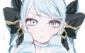 1girl black_bow bow drill_hair frown green_eyes gwen_(league_of_legends) hair_bow heterochromia highres league_of_legends long_hair looking_at_viewer nakiyande simple_background solo translation_request twin_drills twintails white_background