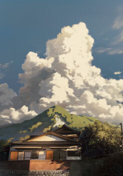absurdres blue_sky brick_wall building cloud cloudy_sky commentary_request evening furumiya-underson highres hill house landscape no_humans original outdoors photoshop_(medium) scenery shadow sky tile_roof tree
