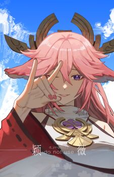 1girl animal_ears bare_shoulders blue_sky breasts crossed_bangs d_ying5022 detached_sleeves fox_ears genshin_impact hair_between_eyes highres japanese_clothes long_hair medium_breasts nontraditional_miko one_eye_closed parted_lips pink_hair purple_eyes red_sleeves shirt sky sleeveless sleeveless_shirt smile solo twitter_username upper_body white_shirt yae_miko