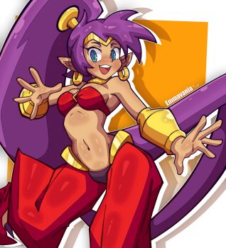 Rule 34 | 1girl, :d, absurdres, bandeau, bare shoulders, blue eyes, breasts, cleavage, dark-skinned female, dark skin, earrings, emmavania, genie, gold bracer, gold earrings, gold tiara, harem pants, high ponytail, highres, jewelry, long hair, medium breasts, navel, o-ring, o-ring top, open hands, open mouth, pants, pointy ears, pointy shoes, ponytail, purple hair, red pants, shantae, shantae (series), shoes, smile, solo