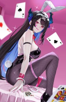 Rule 34 | 1girl, :p, absurdres, ace (playing card), ace of clubs, ace of spades, alternate costume, animal ear hairband, animal ears, arm belt, asymmetrical horns, black hair, black leotard, black pantyhose, black shoes, blue hair, blurry, blurry foreground, bow, bowtie, breasts, card, club (shape), colored inner hair, commentary, cuffs, demon horns, detached collar, dhbwinner, facial mark, fake animal ears, fingernails, fishnet pantyhose, fishnets, floating card, from side, hair ornament, hairband, handcuffs, highres, hololive, hololive english, horns, jack (playing card), jack of spades, knee up, large breasts, leotard, lips, long hair, looking at viewer, multicolored hair, nerissa ravencroft, on bed, pantyhose, pink nails, pink ribbon, playboy bunny, playing card, queen (playing card), queen of hearts (playing card), rabbit ear hairband, rabbit ears, rabbit hole (vocaloid), red bow, red bowtie, red eyes, ribbon, shoes, sideboob, sitting, slit pupils, solo, spade (shape), sparkle, teardrop facial mark, tongue, tongue out, uneven horns, virtual youtuber