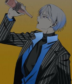 1boy aoyagi_touya arm_up black_shirt blazer blue_eyes bottle brown_background call_boy_(vocaloid) commentary glass_bottle high_collar highres holding holding_bottle jacket lapels layered_clothes long_sleeves male_focus mole mole_under_eye notched_lapels open_clothes open_jacket open_mouth profile project_sekai shirt short_hair simple_background solo sorase_(so17p) teeth turtleneck upper_body upper_teeth_only