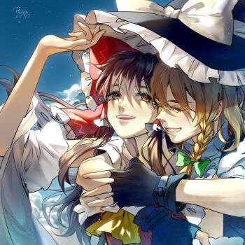 2girls absurdres aihara-rina arm_up ascot black_gloves blonde_hair blue_sky blush bow braid brown_eyes brown_hair chinese_commentary closed_eyes commentary_request dated day detached_sleeves eyelashes fingerless_gloves fingernails frilled_bow frilled_hair_tubes frills gloves green_ribbon grin hair_bow hair_ribbon hair_tubes hakurei_reimu happy hat hat_bow hat_ribbon highres kirisame_marisa long_sleeves looking_at_viewer multiple_girls open_mouth puffy_short_sleeves puffy_sleeves red_bow red_vest ribbon shirt short_sleeves signature single_braid sky smile teeth touhou tress_ribbon turtleneck upper_body upper_teeth_only vest white_bow white_ribbon white_shirt white_sleeves wide_sleeves witch_hat yellow_ascot