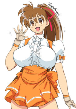 1girl :d arm_at_side arm_up breasts brown_eyes brown_hair buttons collared_shirt commentary_request cowboy_shot fingerless_gloves frills gloves hair_between_eyes highres impossible_clothes large_breasts legs light_blush long_hair looking_at_viewer motion_lines open_mouth orange_skirt ponytail sanemichi_hajime shirt short_sleeves simple_background skirt smile takeuchi_yuka thighs tongue variable_geo very_long_hair waving white_background white_shirt