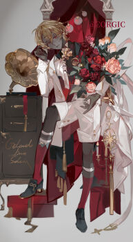 1boy black_shirt blonde_hair bouquet collared_shirt dark-skinned_male dark_skin english_text flower formal_clothes full_body hair_between_eyes hashtag-only_commentary head_rest head_tilt highres holding holding_bouquet jacket liulianjingrua long_sleeves looking_at_viewer male_focus original phonograph pink_flower pink_rose red_eyes red_flower red_rose red_socks rose shirt short_hair shorts smile socks white_jacket