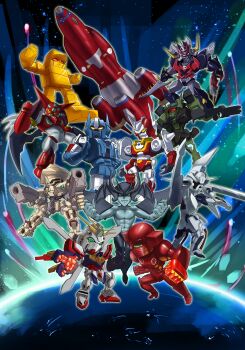 absurdres annotation_request baikanfu bakuretsu_tenshi blue_eyes blue_gender chibi clenched_hand commentary copyright_request cosmikaizer crossover dann_of_thursday demon demon_wings devilman devilman_(character) dual_wielding english_commentary fangs g_gundam garbin getter-1 getter_robo glowing glowing_hand god_gundam gold_lightan green_eyes gun gundam gunxsword highres holding holding_gun holding_sword holding_weapon jango_(bakuretsu_tenshi) machine_robo machine_robo_chronos_no_dai_gyakushuu mazinger_(series) mazinkaiser_skl mazinkaiser_skl_(mecha) mecha mecha_focus mecha_request multiple_crossover no_humans open_hand ougon_senshi_gold_lightan outlaw_star outlaw_star_(spaceship) partially_annotated red_baron red_baron_(anime) red_eyes robot shin_getter_robo sleeper_(blue_gender) space spacecraft super_robot super_robot_wars sword toushi_gordian v-fin visor weapon wings yellow_eyes