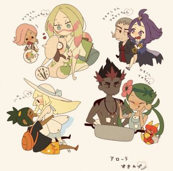 4boys 4girls acerola_(pokemon) backpack bad_id bad_pixiv_id bag blonde_hair bone carrying dark-skinned_male dark_skin deformed gen_1_pokemon gen_2_pokemon green_hair grey_hair hat hau_(pokemon) heart hug ilima_(pokemon) kiawe_(pokemon) lillie_(pokemon) looking_at_another magmar mallow_(pokemon) mina_(pokemon) mochi730 multicolored_hair multiple_boys multiple_girls nanu_(pokemon) nintendo open_mouth paint_splatter paint_splatter_on_face piggyback pink_hair pokemon pokemon_(creature) pokemon_sm purple_hair red_hair smeargle smile solid_circle_eyes soup_ladle topless_male two-tone_hair white_hat