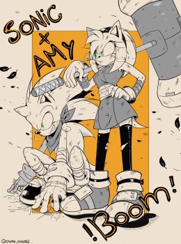amy_rose bandages choko_niko02 dress gloves green_eyes grin hammer highres medium_hair scarf sega shoes smile sneaker socks sonic_(series) sonic_boom_(series) sonic_the_hedgehog spiked_hair torn_clothes torn_socks toy_hammer
